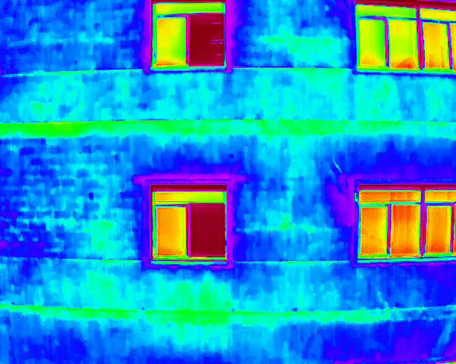 Thermal image showing heat loss on a building
