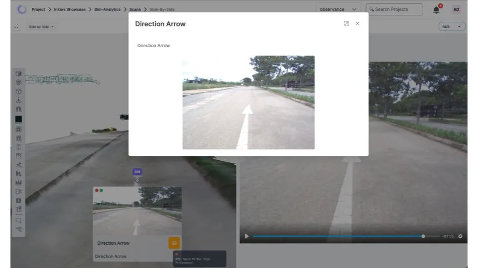 Precise road markings captured during a digital scan.